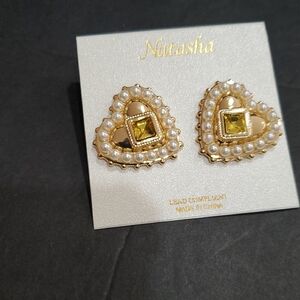 Natasha couture gold tone‎ pearl studded citrine gemstone heart shaped earrings